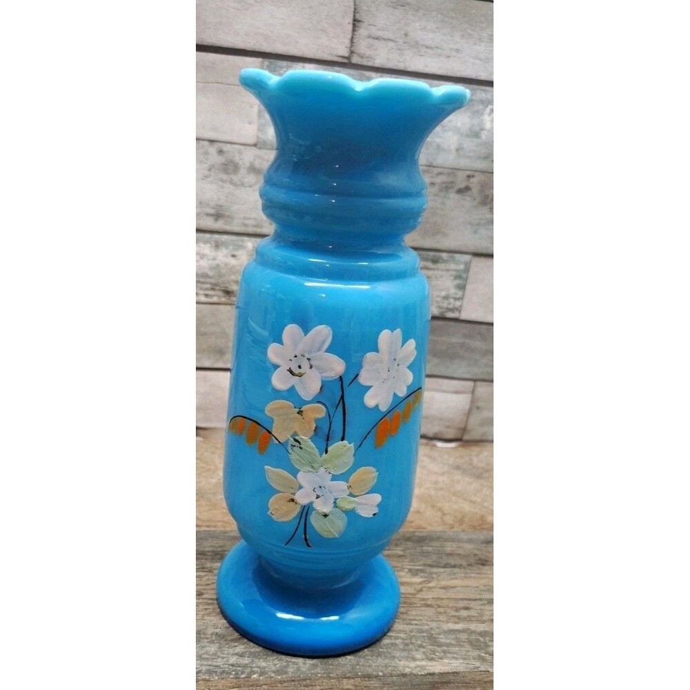 Vintage Victorian Turquoise Opaline Glass Vase with Hand painted Flowers UV Glow